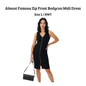 Almost Famous Black Zip Front Bodycon Midi Dress | Size L | NWT